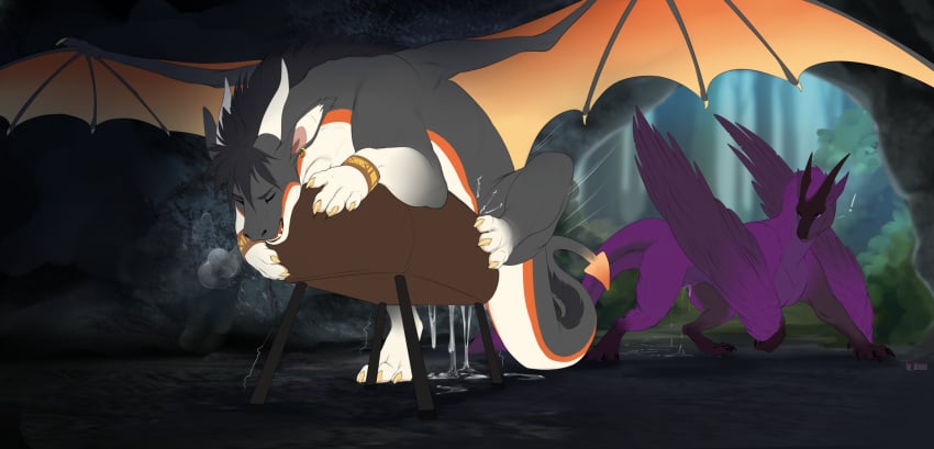 black_body black_fur bodily_fluids breeding_mount by_dream claws cum dragon duo european_mythology feathers female feral fur genital_fluids genitals grey_body grey_scales hi_res horn male male/female markings mythological_creature mythological_scalie mythology orange_markings purple_body purple_feathers purple_fur purple_horn pussy scales scalie western_dragon white_body white_horn white_scales wyvern wyvusk yellow_claws
