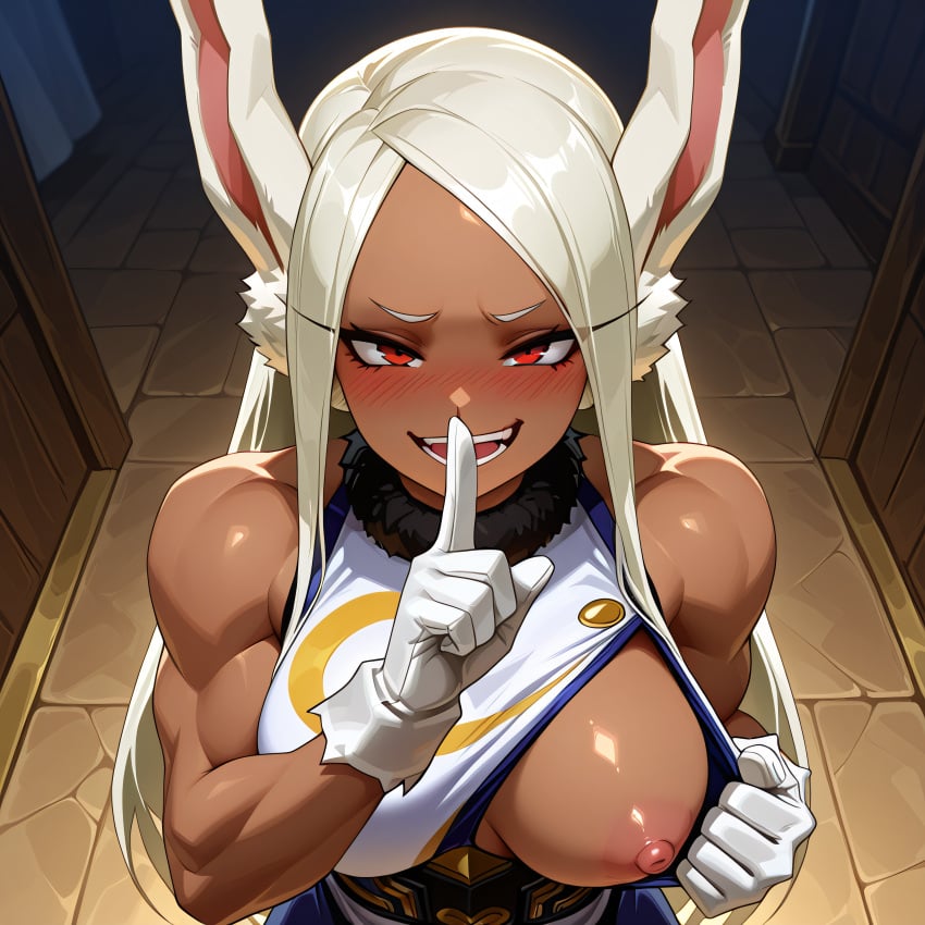 1girls ai_generated blush boku_no_hero_academia breasts bunny_ears dark-skinned_female darkwolfgang female flashing flashing_breasts looking_at_viewer mirko miruko my_hero_academia nipples one_breast_out oppai_challenge red_eyes rumi_usagiyama shushing smile smirk smirking solo tagme white_hair