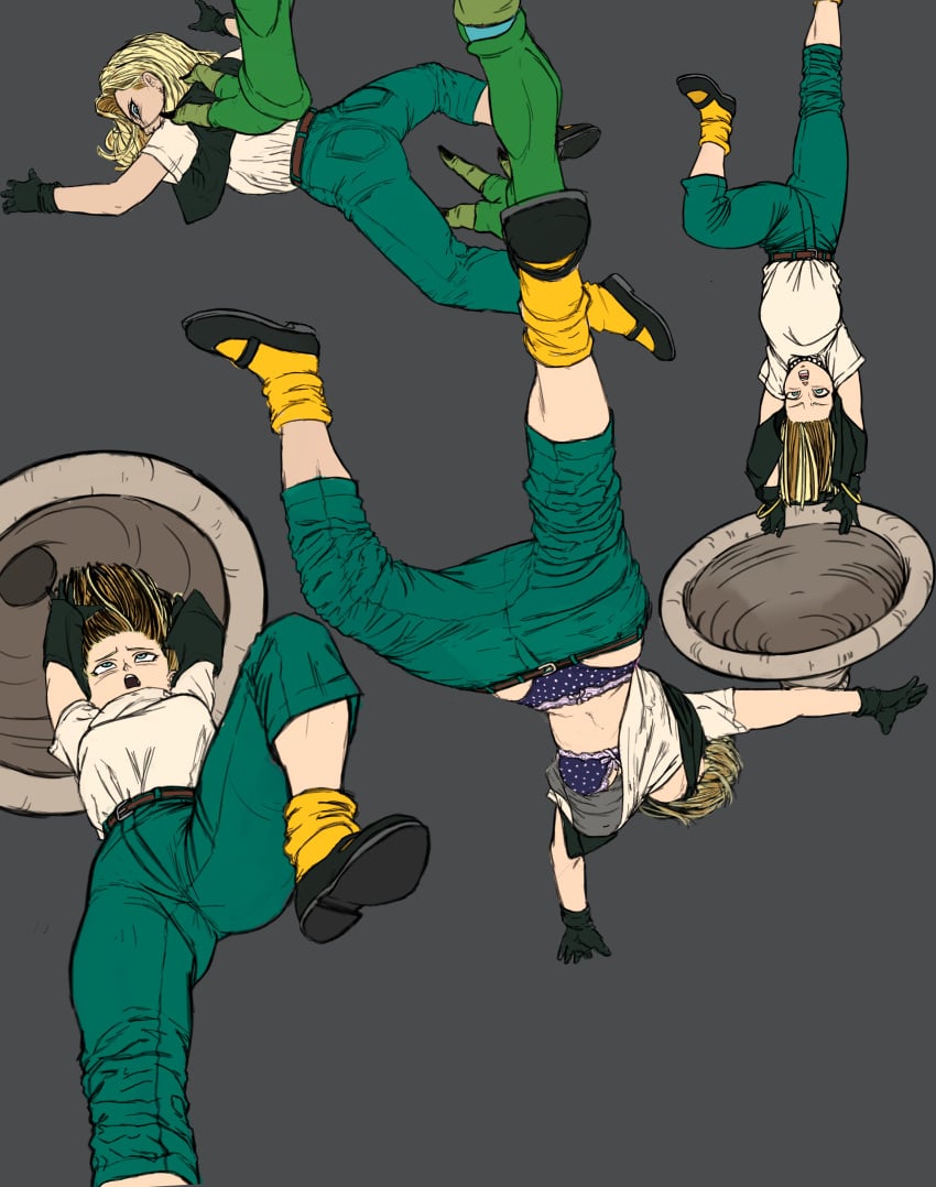 android_18 black_gloves bra_peek cell_(dragon_ball) clothes_down clothes_lift dragon_ball_z flats godvore imminent_vore immobile imperfect_cell jeans_down lifted_by_another mary_janes multiple_views panties_peek shoes stepped_on