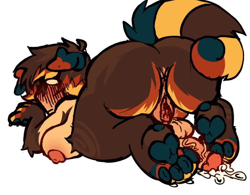 all_fours animal_humanoid anus ass ass_up balls big_butt blush blush_lines bodily_fluids breasts brown_body brown_fur brown_hair canid canid_humanoid canine canine_humanoid canis claws colored crowshroomm cum digital_media_(artwork) digitigrade dog_ears domestic_dog fur futanari gab_(crowshroomm) genital_fluids genitals hair herm hi_res humanoid humanoid_genitalia humanoid_penis humanoid_pussy intersex looking_back mammal mammal_humanoid multicolored_body multicolored_fur nipples on_ground orange_body orange_fur pawpads paws penis pussy rear_view slightly_chubby slightly_chubby_herm slightly_chubby_intersex solo vein veiny_penis yellow_body yellow_fur