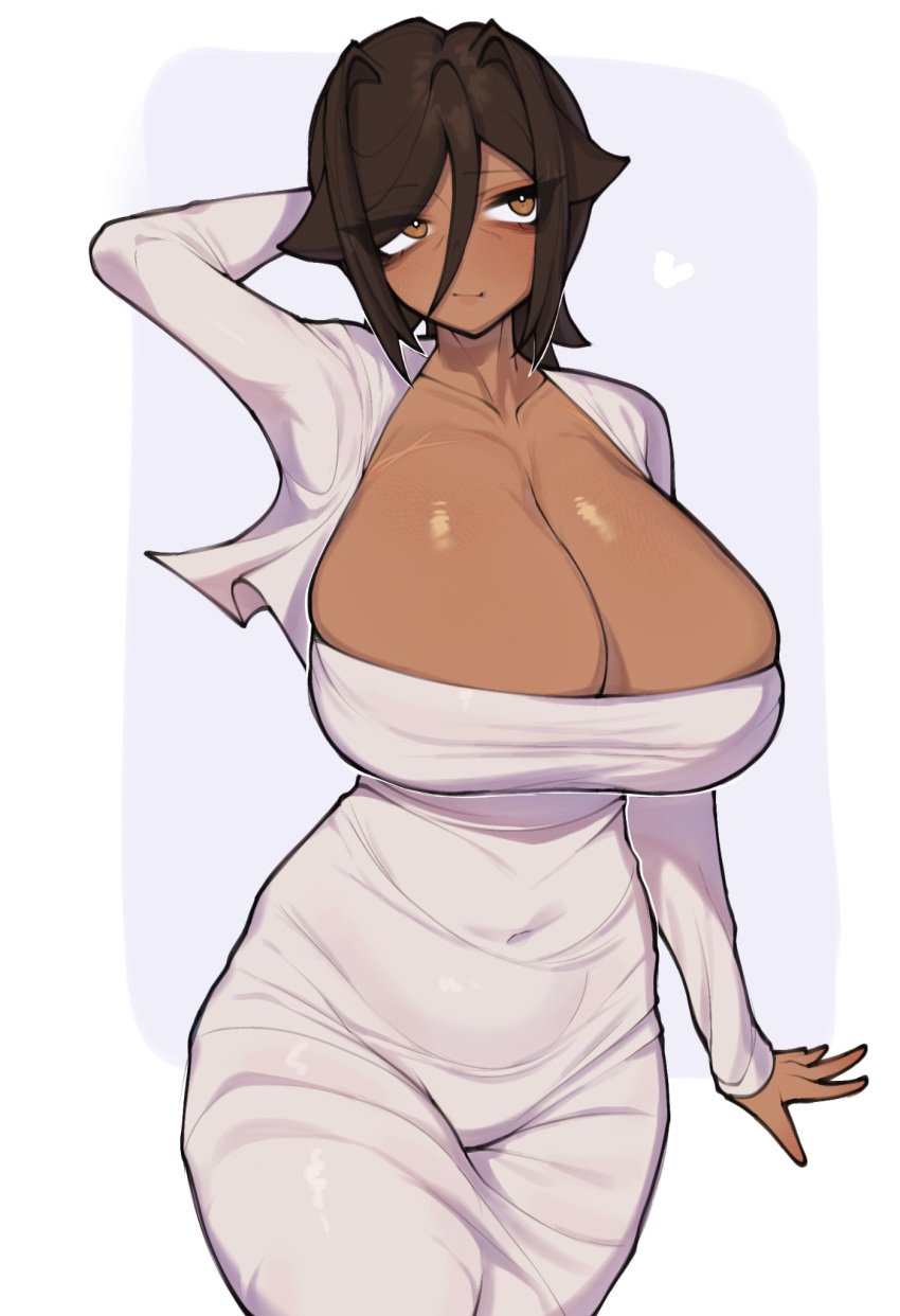 1girls breasts brown_eyes brown_hair cleavage dark-skinned_female dark_skin dongtan_dress dress female female_only huge_breasts limbus_company navel navel_visible_through_clothes outis_(limbus_company) project_moon renata11033 scar short_hair skindentation solo thick_thighs white_dress