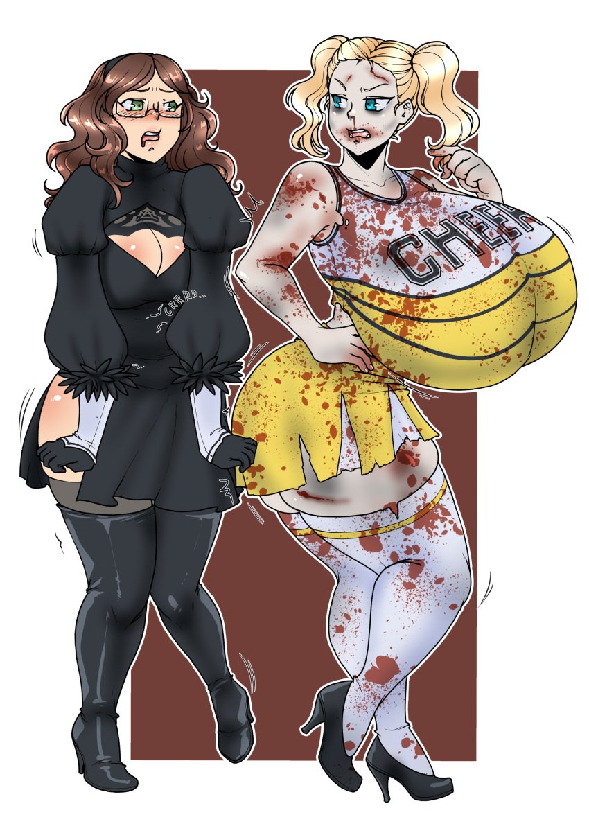 2girls breast_envy clenched_hand ecchipandaa female female_pred gigantic_breasts huge_ass juliet_starling_(cosplay) lollipop_chainsaw looking_at_another looking_at_each_other looking_back medium_breasts multiple_girls nier:_automata original original_character original_characters thick_thighs vore wide_hips yorha_2b_(cosplay)