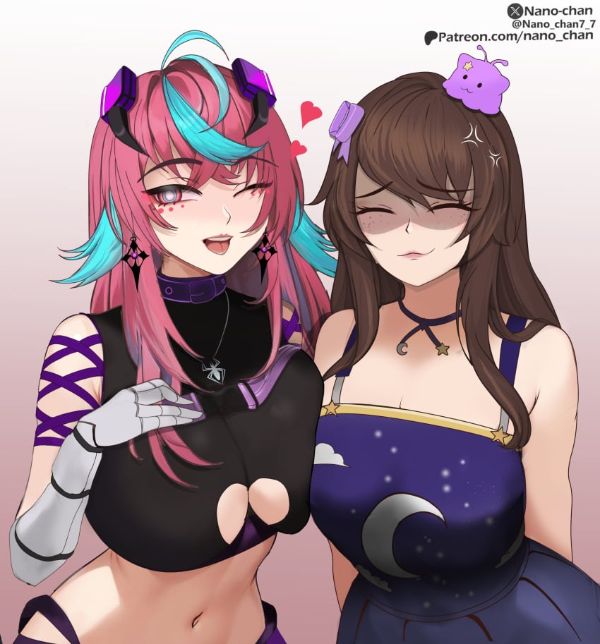 2girls angry argentina argentinian breast_blush breasts breasts_bigger_than_head brown_hair busty colombian emikukis eyes_closed female hearts_around_head huge_breasts multicolored_hair nano-chan nimu pleasure_face revealing_clothes twitch virtual_youtuber voluptuous_female vtuber vtuberfanart youtube