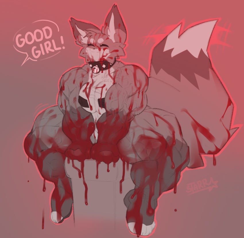 4_toes anthro bb_(starreuges) bell bell_collar black_collar black_pasties blood blood_on_arm blood_on_body blood_on_breast blood_on_face blood_on_feet blood_on_fur blood_on_hand blood_on_leg blood_on_tail bodily_fluids breasts brown_arms brown_legs canid canine cheek_tuft circle_eyebrows closed_eyes collar countershade_torso countershading covered_in_blood dipstick_tail english_text exclamation_point eyebrows eyelashes facial_tuft feet female female_anthro fluffy fluffy_tail fur good_girl head_tuft hi_res inner_ear_fluff mammal markings multicolored_arms multicolored_ears multicolored_legs multicolored_tail muscular muscular_anthro muscular_female offscreen_character outline pasties pink_text red_background red_outline simple_background smile solo spread_legs spreading starreuges tail tail_markings tail_motion tailwag tan_arms tan_body tan_ears tan_fur tan_legs tan_tail tan_tuft text toes tuft two_tone_arms two_tone_ears two_tone_legs white_body white_breasts white_countershading white_eyebrows white_inner_ear_fluff white_snout white_tail_tip white_toes