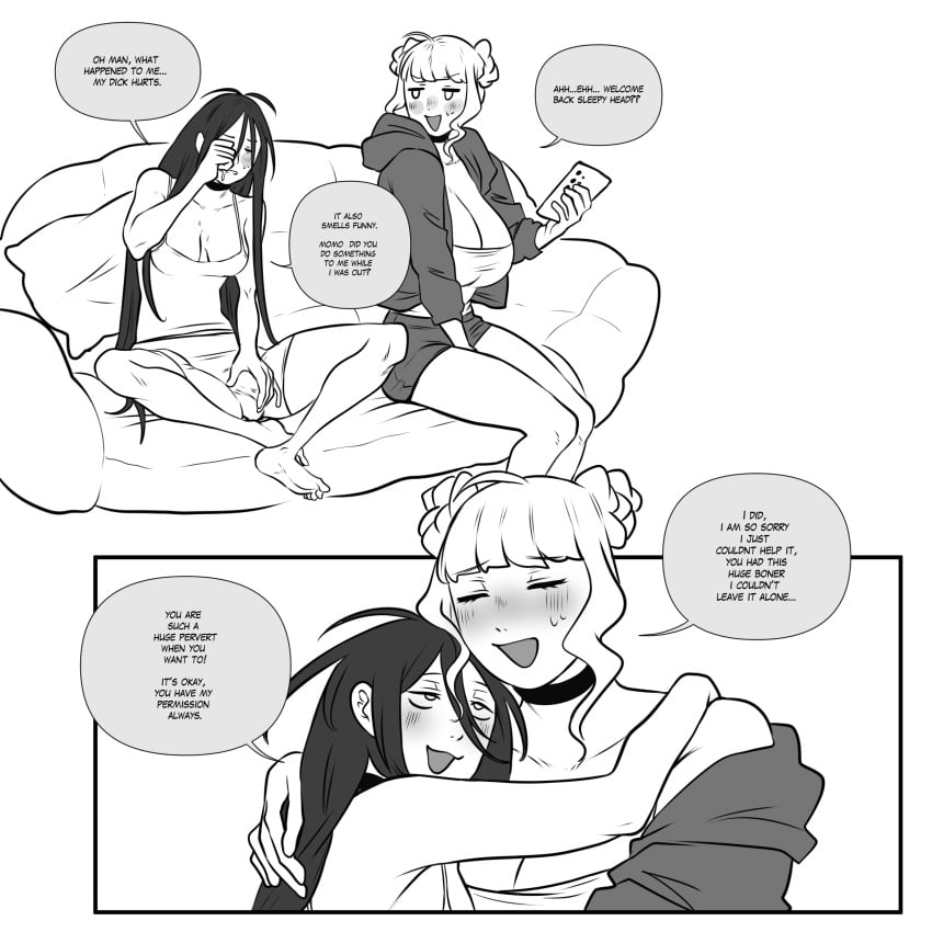 2025 2futas after_sex asahi_(gyarusatan) big_breasts black_hair breasts bulge choker cleavage closed_eyes comic dialogue english_text futa_only futanari greyscale gyarusatan hair_buns hi_res hugging intersex long_hair momo_(gyarusatan) on_sofa original original_character penis_bulge sitting smile sofa somnophilia speech_bubble text twin_buns waking_up white_background