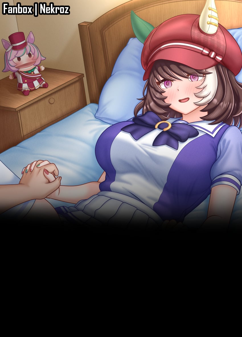 1boy 1girl absurdres animal_ears blush bow bowtie breasts brown_hair censored ear_covers ears_through_headwear hair_between_eyes hand_puppet hat highres holding_hands horse_ears horse_girl large_breasts lying marche_lorraine's_puppet marche_lorraine_(umamusume) mismatched_ear_covers multicolored_hair nekroz7 on_back on_bed out_of_frame pleated_skirt puffy_short_sleeves puffy_sleeves puppet purple_bow purple_bowtie purple_eyes purple_shirt sailor_collar sailor_shirt school_uniform sex shirt short_hair short_sleeves skirt smile thighhighs tracen_school_uniform umamusume white_sailor_collar white_skirt white_thighhighs