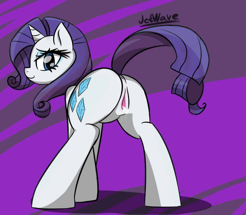 2014 anus ass blue_eyes cum cutie_mark equine eyeshadow female feral friendship_is_magic fur hair horn horse jetwave looking_at_viewer makeup mammal my_little_pony pony presenting presenting_hindquarters purple_hair pussy rarity_(mlp) smile solo standing unicorn white_fur