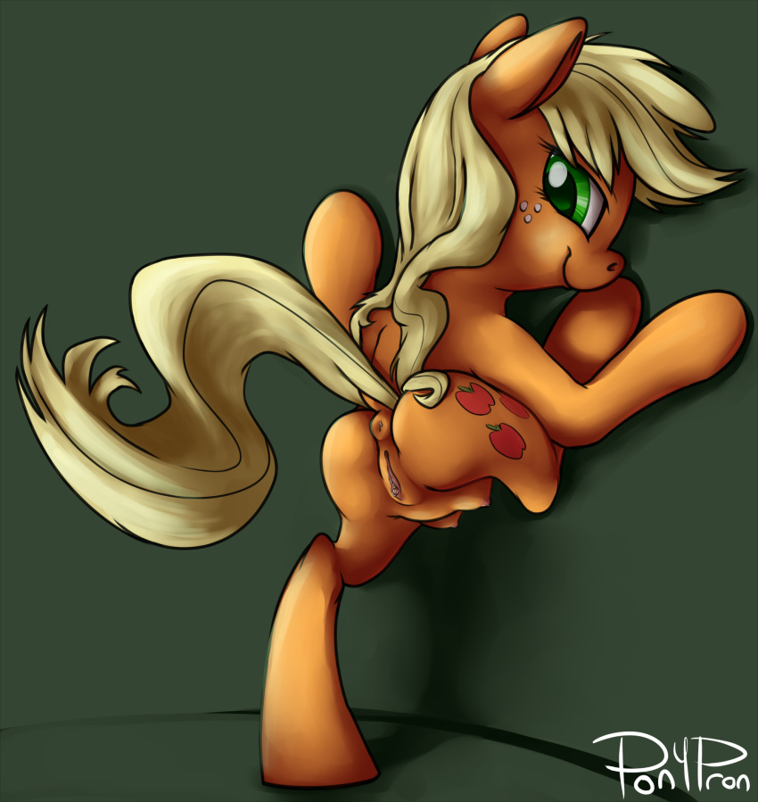 2014 anus applejack_(mlp) blonde_hair crotchboobs cutie_mark equine female feral freckles friendship_is_magic fur green_eyes hair horse mammal my_little_pony orange_fur pony ponypron pussy smile solo