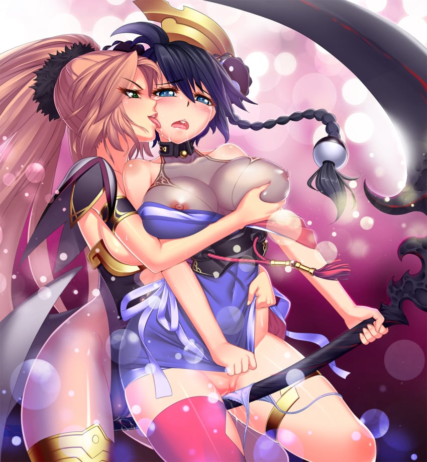 anesha ar_tonelico ar_tonelico_i black_hair blush braid breast_grab breasts brown_hair cameltoe clothing cross_edge crossover crotch_rub female green_eyes hair_ornament highleg highleg_leotard highres imminent_rape large_breasts legband leotard licking long_hair lucknight misha_arsellec_lune multiple_girls nipples panties panty_pull ponytail pussy pussy_juice saliva scrunchie scythe side-tie_panties single_thighhigh stockings tears thighhighs tied_hair tongue underwear untied yuri