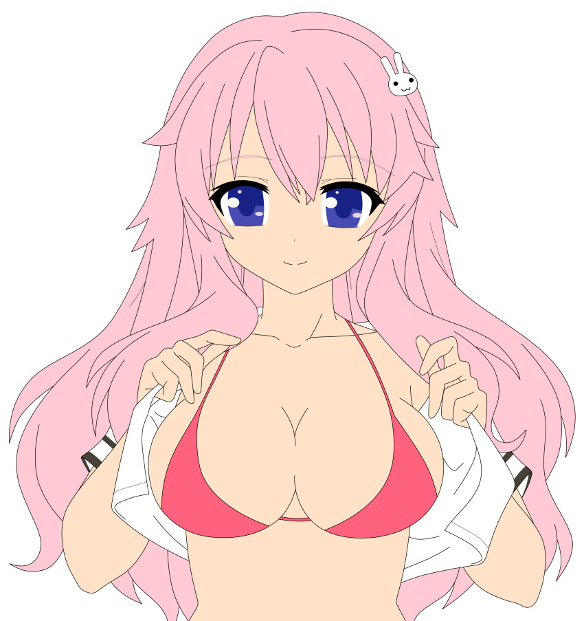 baka_to_test_to_shoukanjuu blue_eyes bra breasts busty female hair_ornament hairclip highres himeji_mizuki long_hair open_clothes open_shirt photoshop pink_hair school_uniform shirt simple_background smile undressing vector_trace