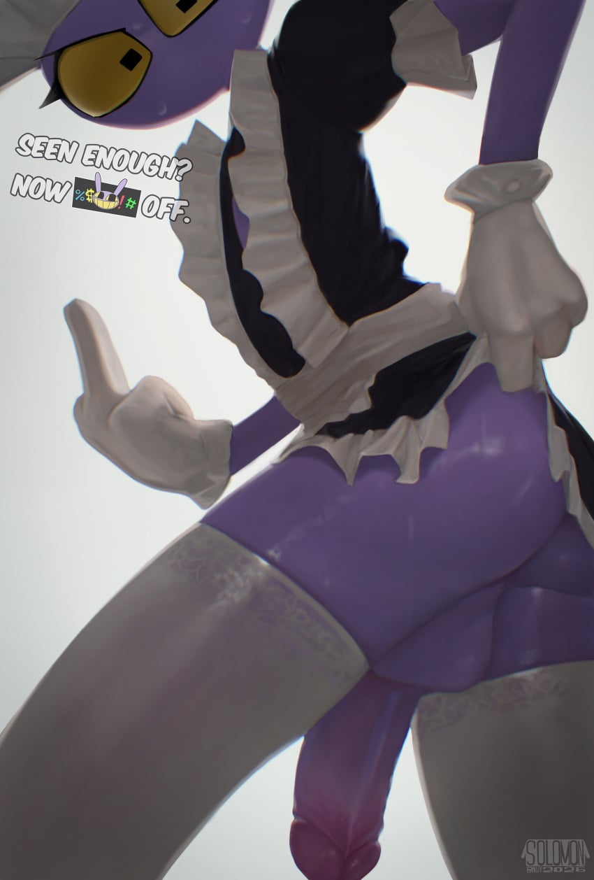 1boy 4_fingers absurd_res angry anthro backsack balls big_balls big_penis bodily_fluids bottomwear caine_censorship censor_bar clothed clothing crossdressing dialogue eyelashes fingers flaccid furrowed_eyebrows genitals gesture glitch_productions hand_gesture heart_symbol hi_res jax_(tadc) lagomorph legwear leporid long_eyelashes looking_at_viewer maid_headdress maid_uniform male mammal middle_finger mouthless no_underwear penis rabbit raised_bottomwear raised_clothing raised_skirt skirt solo solomonbnuy stockings sweat sweatdrop talking_to_viewer text the_amazing_digital_circus uniform
