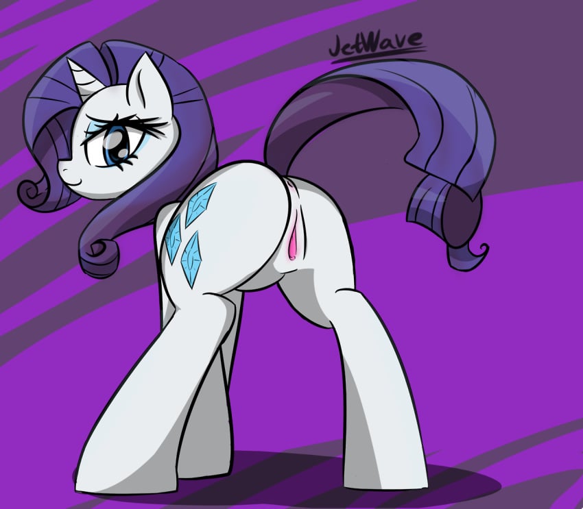 2014 anus ass blue_eyes cutie_mark equine eyeshadow female feral friendship_is_magic fur hair horn horse jetwave looking_at_viewer makeup mammal my_little_pony pony presenting presenting_hindquarters purple_hair pussy rarity_(mlp) smile solo standing unicorn white_fur