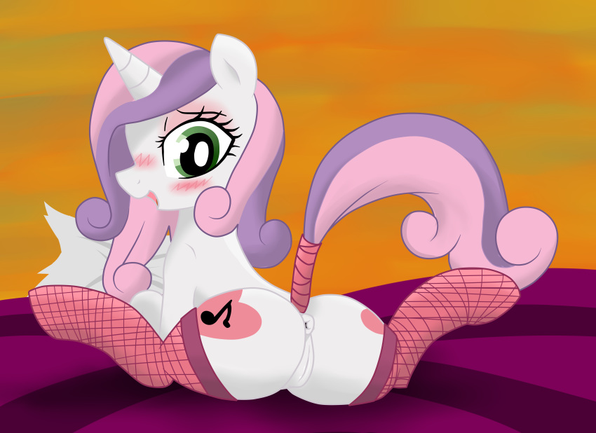 anus ass cutie_mark equine female feral friendship_is_magic fur green_eyes hair high_resolution horn horse jetwave looking_at_viewer mammal my_little_pony pony pussy raised_tail solo stockings sweetie_belle_(mlp) two_tone_hair unicorn white_fur