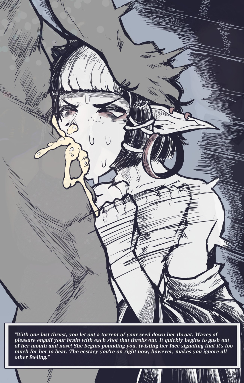 1boy 1boy1girl 1girls blowjob breasts cum cum_in_mouth ear_piercing elf english_text female freckles gekikara_(tomboy-sama) greyscale large_breasts male monochrome motion_lines multicolored_hair nail_polish oral original