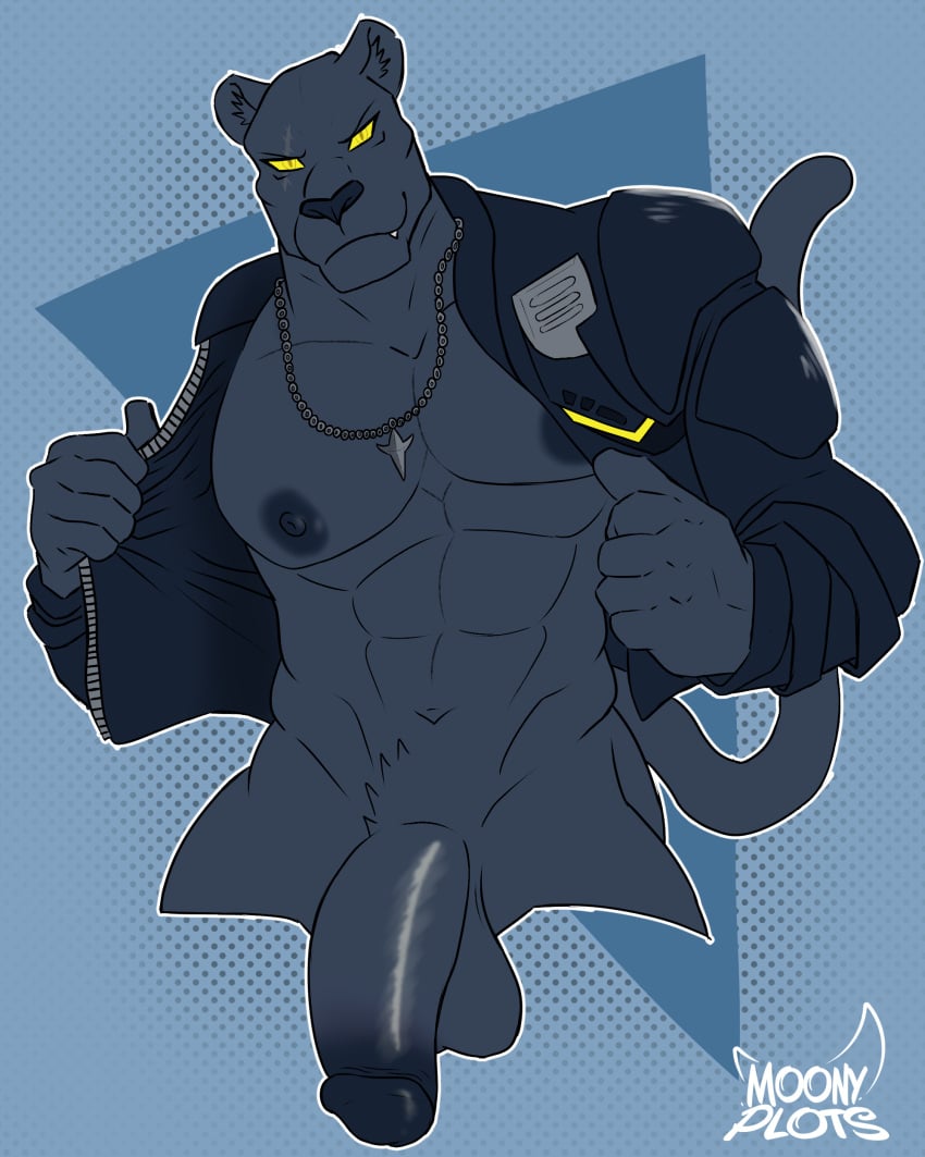 absurd_res anthro big_penis boss_koji_(fortnite) epic_games felid fortnite genitals hi_res male mammal moonyplots muscular muscular_anthro muscular_male pantherine penis solo