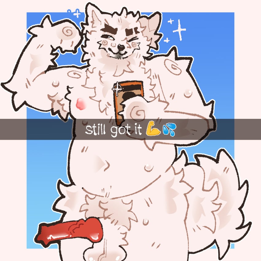 1:1 animal_genitalia animal_penis anthro armpit_hair bodily_fluids body_hair canid canine canine_genitalia canine_penis canis chest_hair domestic_dog electronics flexing flexing_bicep fur genitals hi_res holding_object holding_phone lebaron male male/male mammal mirror_selfie nipples orix_(artist) overweight penis phone pink_nipples pose posing_for_picture pubes scruffy selfie slightly_chubby snapchat solo sweat sweatdrop sweaty_legs sweaty_thighs white_body white_fur