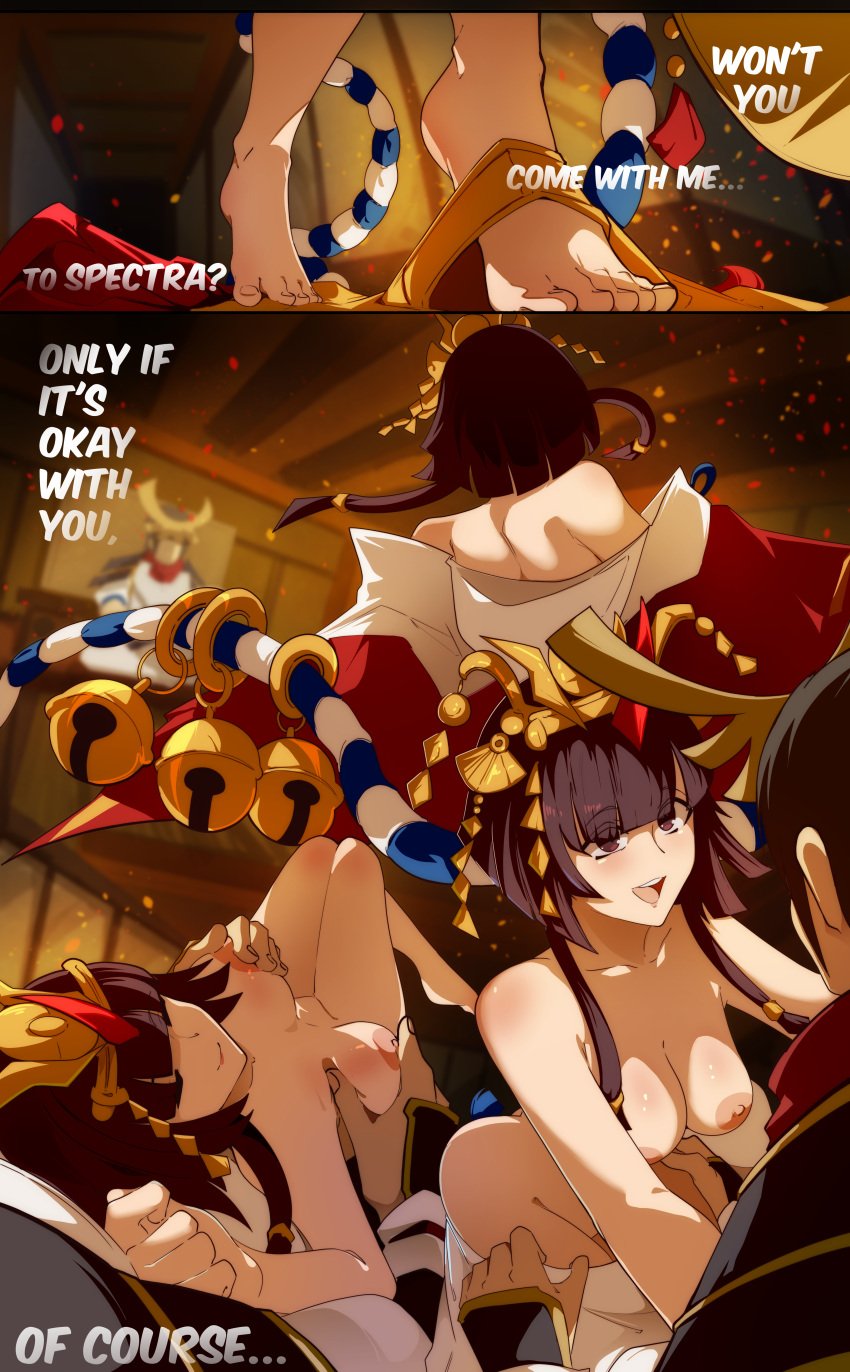 armor barefoot bell blunt_bangs blush breasts brown_eyes brown_hair closed_eyes closed_mouth dancing detached_sleeves feet female grabbing_another&#039;s_breast grabbing_from_behind groping hair_ornament headdress hero_(pokemon_conquest) kimono legs legs_up lips lipstick long_bangs medium_breasts medium_hair nipple_stimulation nipple_tweak nipples nude okuni open_mouth orphen_(pink_seito) parted_bangs petals pinkseito pokemon pokemon_conquest rope sengoku_musou sidelocks smile text_focus toes undressing upper_teeth_only
