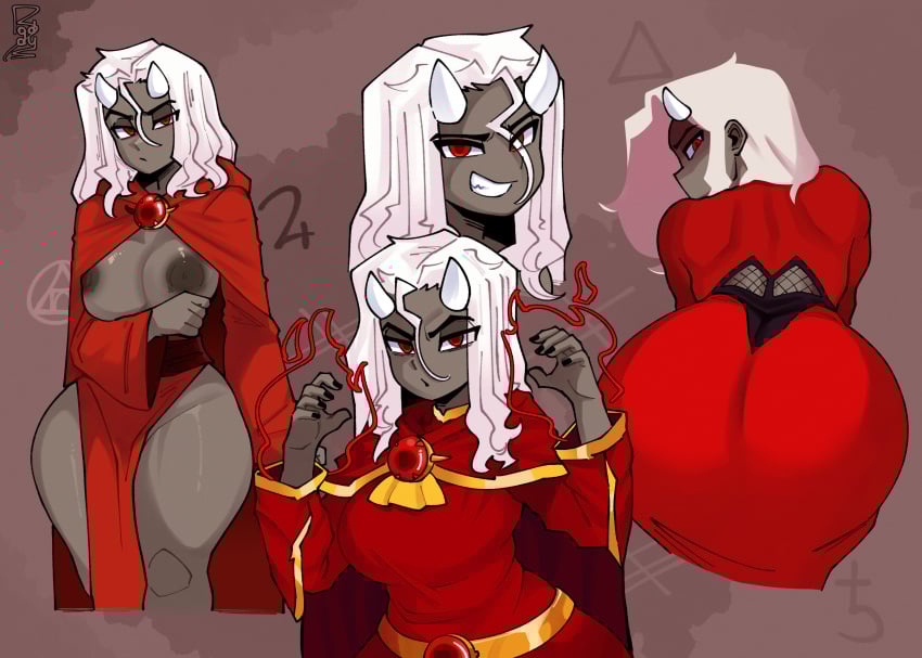 1girls 2025 ass big_ass big_breasts breasts breasts_out calamitas calamity_mod cloak curly_hair demon demon_girl female female_only fire from_behind front_view grey_body grey_skin hi_res horns long_hair looking_back magic red_clothing red_eyes roddy_hz smiling solo terraria thick_thighs thighs white_hair witch