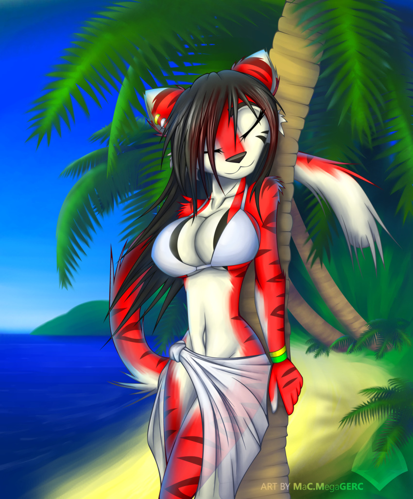 anthro beach big_breasts bikini bracelet breasts cherry_(macmegagerc) closed_eyes clothed clothing feline female fur furry jewelry macmegagerc mammal navel red_fur sarong seaside see-through sheer skimpy solo tiger