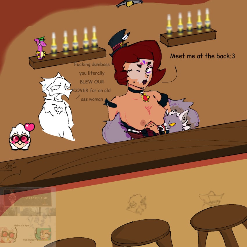 alternate_universe angry background_character bar belle_(brawl_stars) brawl_stars clothed clothes_lift crookedcrow crow_(brawl_stars) cuckold dissappointed_look drunk flashing_breasts imminent_sex lola_(brawl_stars) poorly_drawn rushed_drawing smirk smirking supercell yuri