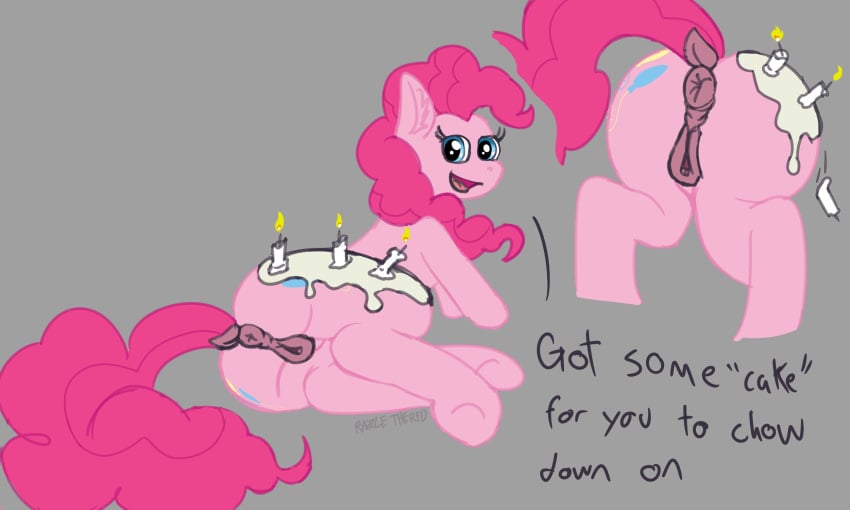 animal_genitalia animal_pussy anus ass big_ass candle english_text equid equine equine_genitalia equine_pussy female feral friendship_is_magic frosting genitals happy hasbro hi_res horse looking_at_viewer male mammal my_little_pony pinkie_pie_(mlp) pony presenting pussy razzle_the_red rear_view smile solo tail text