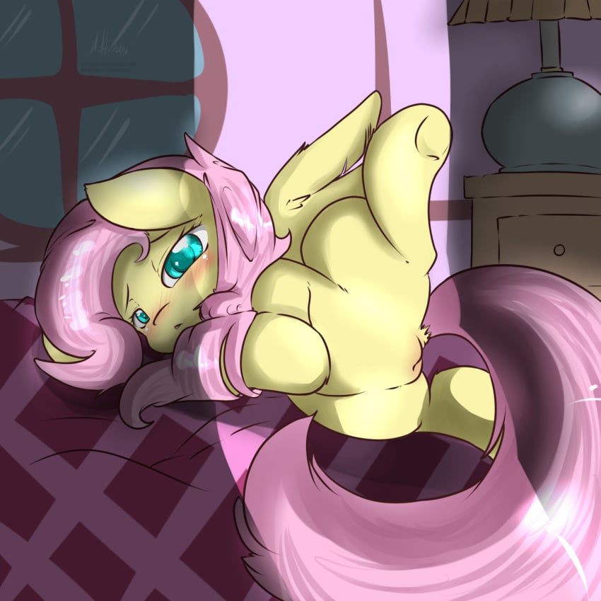 2014 blush equine female feral fluttershy_(mlp) friendship_is_magic fur hair half-closed_eyes horse inside lamp long_hair lying makoruu mammal my_little_pony on_side one_leg_up pegasus pink_hair pony pussy solo spread_legs spreading window wings yellow_fur