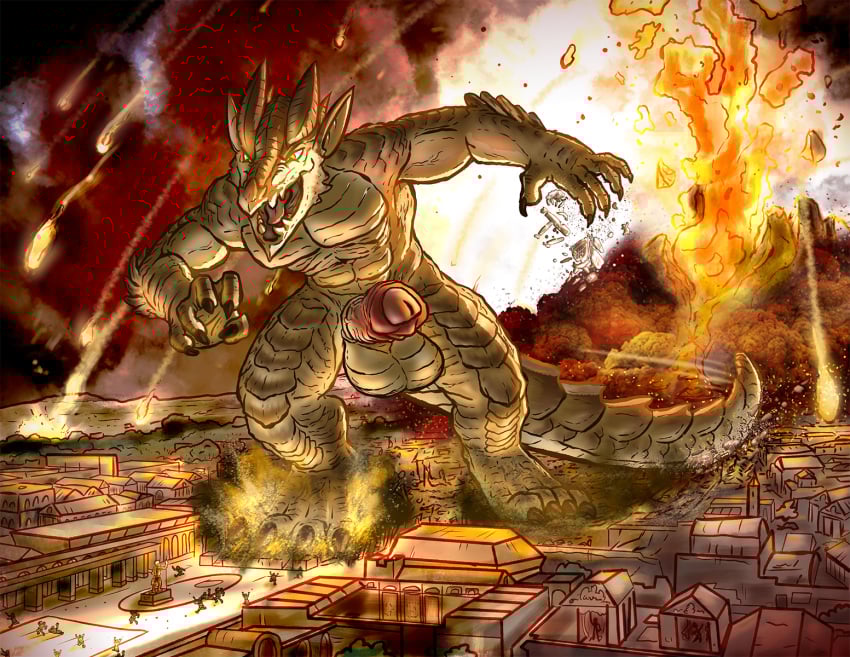 4_toes 5_fingers abs anthro balls biceps big_balls big_penis brown_body brutus_(pyronite) building building_destruction city city_destruction cityscape claws destruction dragon erection eruption explosion extreme_size_difference feet finger_claws fingers fire foreskin genitals hi_res landscape_dwarfing lava macro male muscular muscular_anthro muscular_male mythological_creature mythological_scalie mythology nude open_mouth outside pecs penis pompeii pyronite(commissioner) rampage roman running scaled_penis scalie size_difference solo stomping tail teeth toe_claws toes tyrnn uncircumcised vein volcanic_eruption volcano