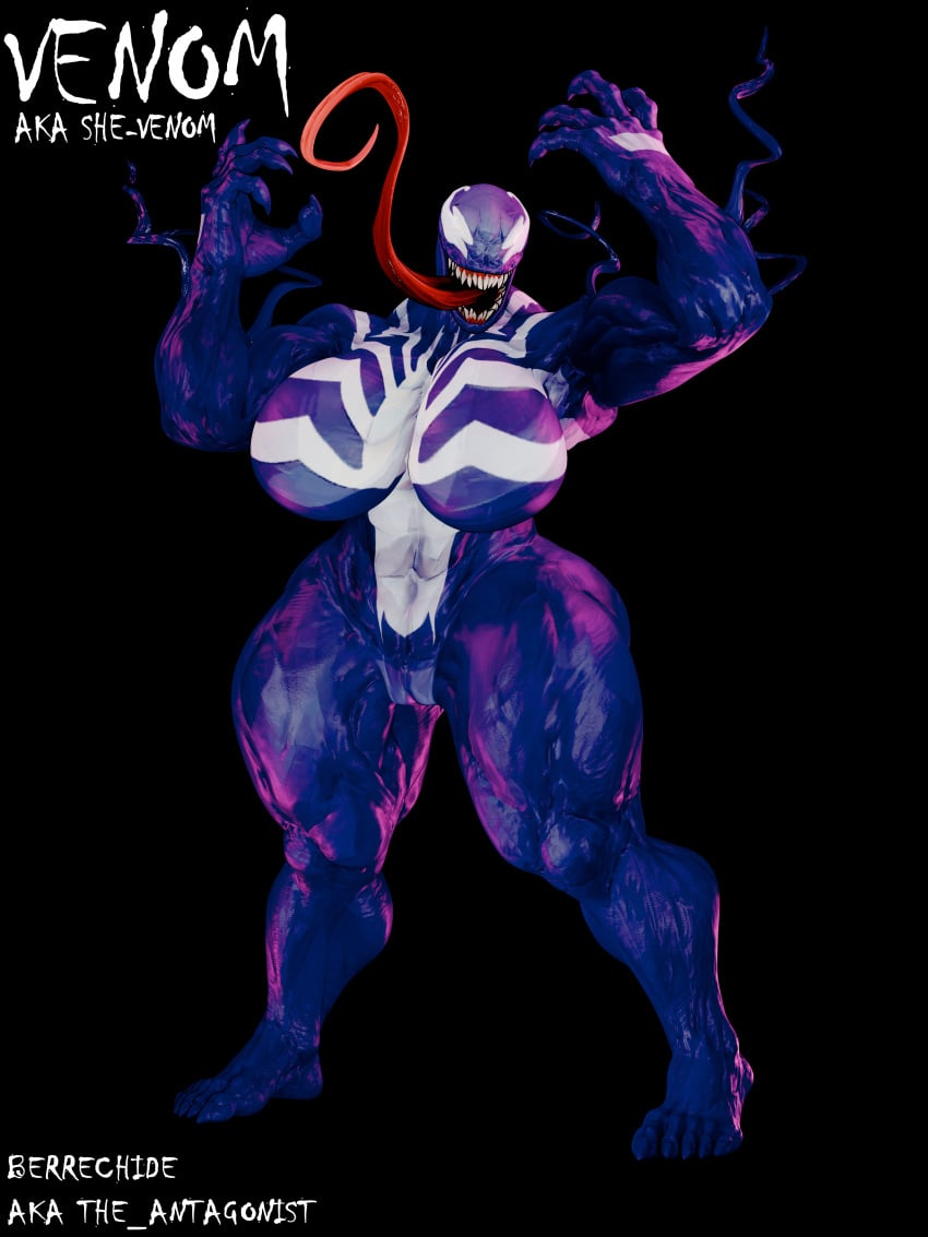 3d absurd_res alien alien_humanoid berrech1de big_breasts big_muscles blender_(artwork) blue_body breasts digital_media_(artwork) emblem female genitals hi_res huge_breasts humanoid long_tongue marvel marvel_comics marvel_rivals muscular not_furry nude open_mouth pussy sharp_teeth she-venom solo symbiote teeth tendrils thick_thighs tongue tongue_out venom_(marvel)