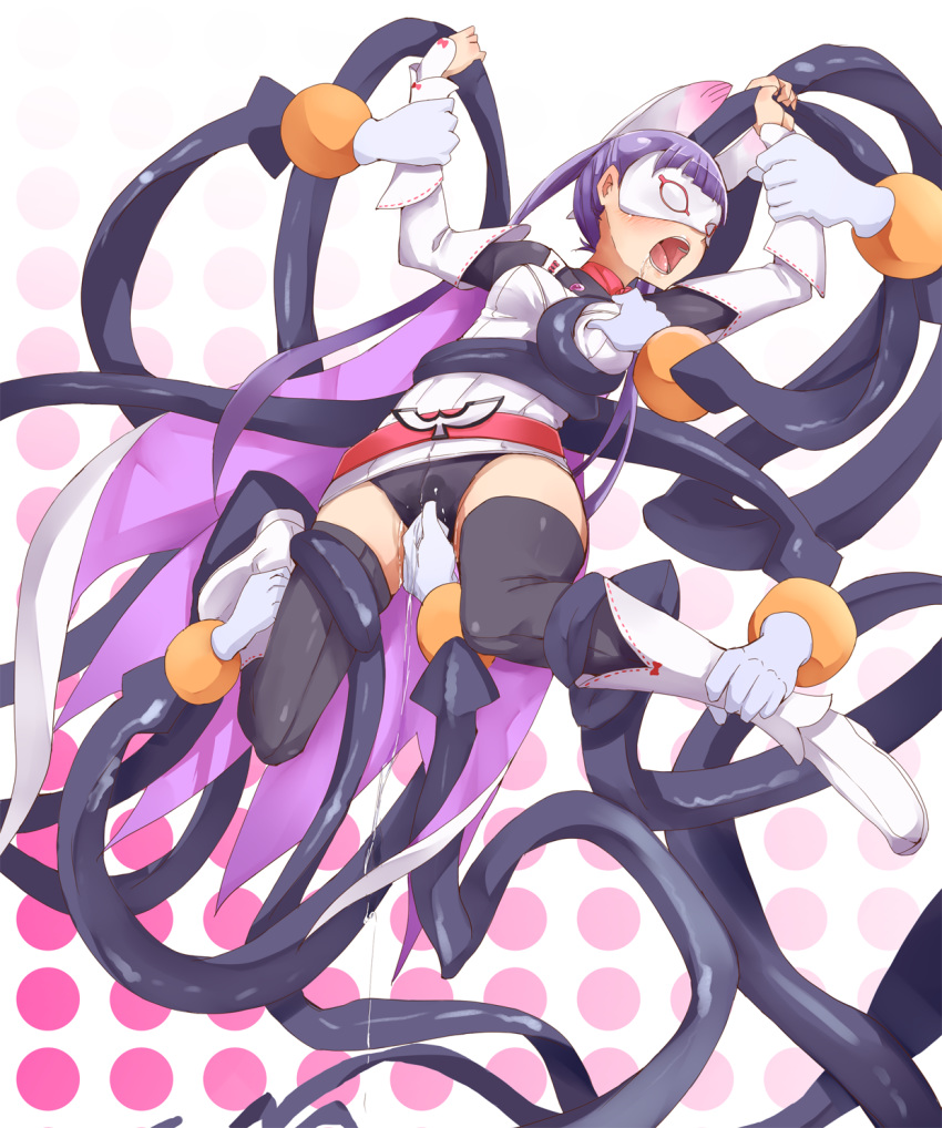 belt black_legwear blush bondage breast_grab buruma cape clothing female fu-ta highres komadori_renge long_hair mask open_mouth purple_hair pussy_juice_stain ribbon-trimmed_sleeves ribbon_trim saliva sekai_seifuku:_bouryaku_no_zvezda solo tentacle thighhighs tied_hair twintails white_robin