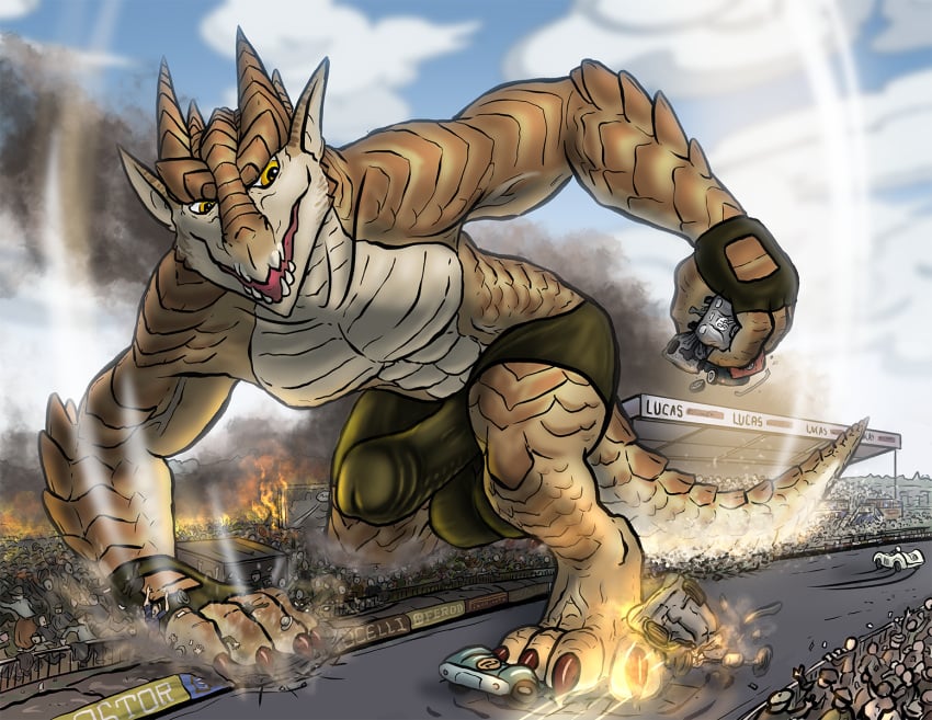 4_fingers 4_toes abs anthro balls_outline biceps biped boxer_briefs brown_body brutus_(pyronite) bulge burning car clap claws clothing crowd crush crushed_vehicle destroyed_vehicle destruction detailed_bulge dragon erection extreme_size_difference feet finger_claws fingerless_gloves fingers fire foot_crush genital_outline gloves group handwear hi_res macro macro_anthro macro_male male micro_human muscular muscular_anthro muscular_male mythological_creature mythological_scalie mythology nude open_mouth outdoor_nudity outside paws pecs penis_outline pyronite(commissioner) race_car race_track racing rampage scalie size_difference smile solo tail tail_crush teeth toe_claws toes tyrnn underwear vehicle vehicle_destruction yellow_eyes