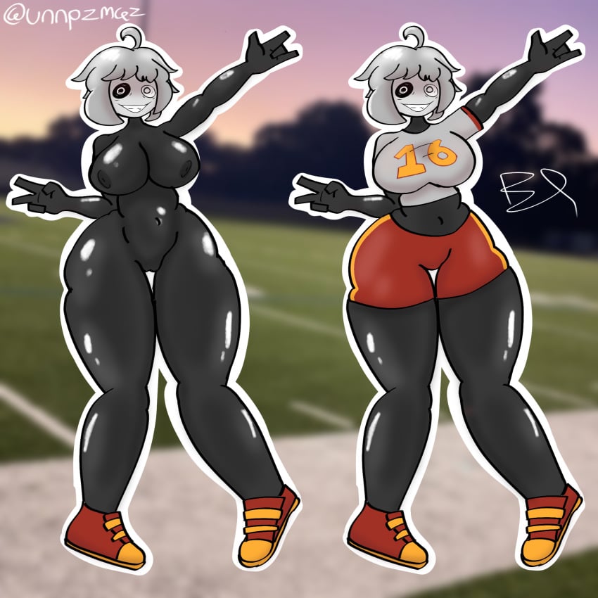 1girls background black_body black_eye cheerleader_outfit cheerleader_uniform female nude nude_female nudist oc original_character posing smiling unnpcmaz white_eye white_hair