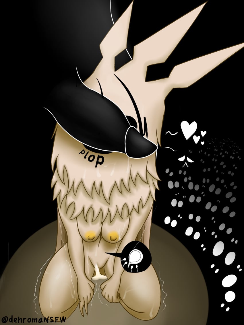 3:4 absurd_res arthropod black_penis bodily_fluids cum dehroma dominant dominant_male duo female fur genital_fluids genitals hi_res hollow_knight impregnation insects lepidopteran male male/female nipples ovum penis penis_on_face pussy radiance_(hollow_knight) shade_lord shaded side_view sitting sitting_on_ground sweat vessel_(species) white_body white_fur yellow_nipples