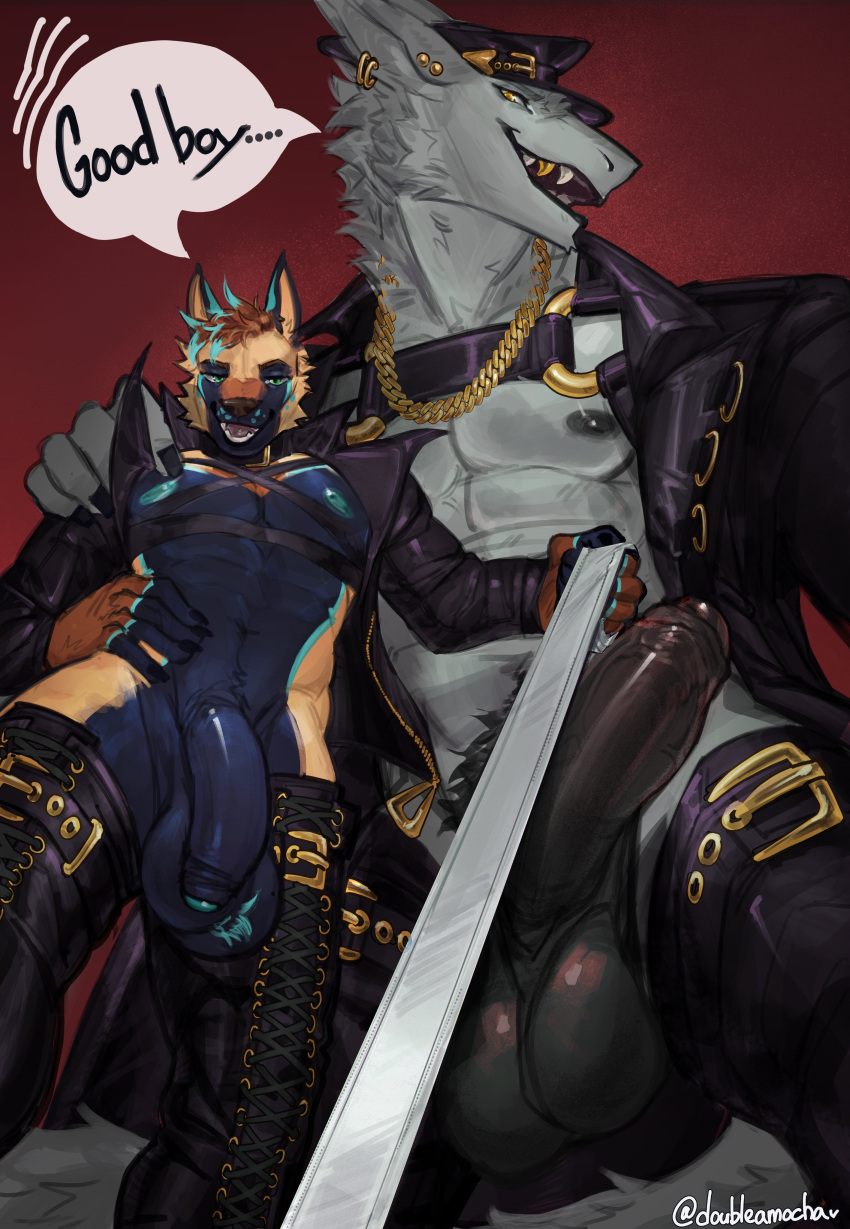 abs absurd_res anthro areola balls big_balls big_penis biped black_penis blue_body blue_eyes blue_penis canid canine canis clothing domestic_dog doubleamocha duo ear_piercing english_text erection first_person_view flaccid foreskin fur genitals german_shepherd glans gold_(metal) gold_jewelry gold_tooth grey_body hair harness herding_dog hi_res huge_cock humanoid_genitalia humanoid_penis jacket jewelry leash leashed_pov leather leather_clothing leather_harness leather_jacket leather_topwear male male_anthro mammal multicolored_body multicolored_fur multicolored_hair muscular muscular_anthro muscular_male necklace partially_retracted_foreskin pastoral_dog pecs penis piercing pubes retracted_foreskin saggy_balls sergal smas_(smash_smas) speech_bubble tan_body text thomas_takayama topwear uncircumcised yellow_eyes