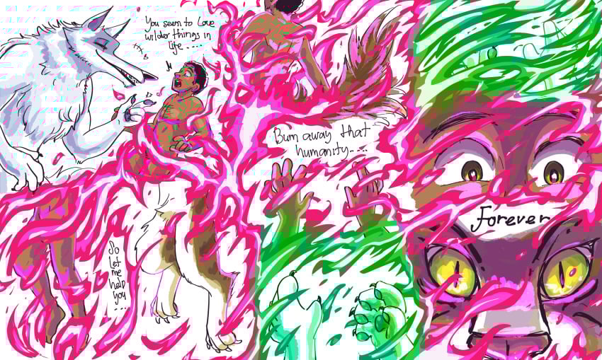 anthro canid canine canis claws death_(puss_in_boots) dialogue digital_media_(artwork) domestic_cat dreamworks dreamworks_animation duo english_text felid feline felis feral fire fur hair hi_res human maine_coon male male/male mammal nipples nude pawpads paws permanent permanent_transformation puss_in_boots:_the_last_wish puss_in_boots_(dreamworks) puss_in_boots_(film) puss_in_boots_(franchise) puss_in_boots_the_last_wish shrek_(series) species_transformation tail text transformation ultimatellurker universal_pictures universal_studios wolf