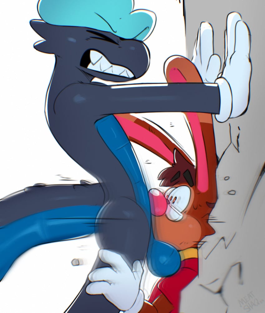 anthro balls big_penis black_body black_scales blep broken_wall brown_hair clenched_teeth closed_eyes clothing duo face_fucking fellatio genitals gloves hair half-moon_glasses handwear hat headgear headwear hi_res irrumatio kobold lagomorph leporid long_ears male male/male mammal meatshaq oral penile penis rabbit red_nose roderick_(tamerkoh) round_nose scales scalie sex shaq_(meatshaq) shirt_tug simple_background tail teeth thick_tail tongue tongue_out toony ventral_scales white_background