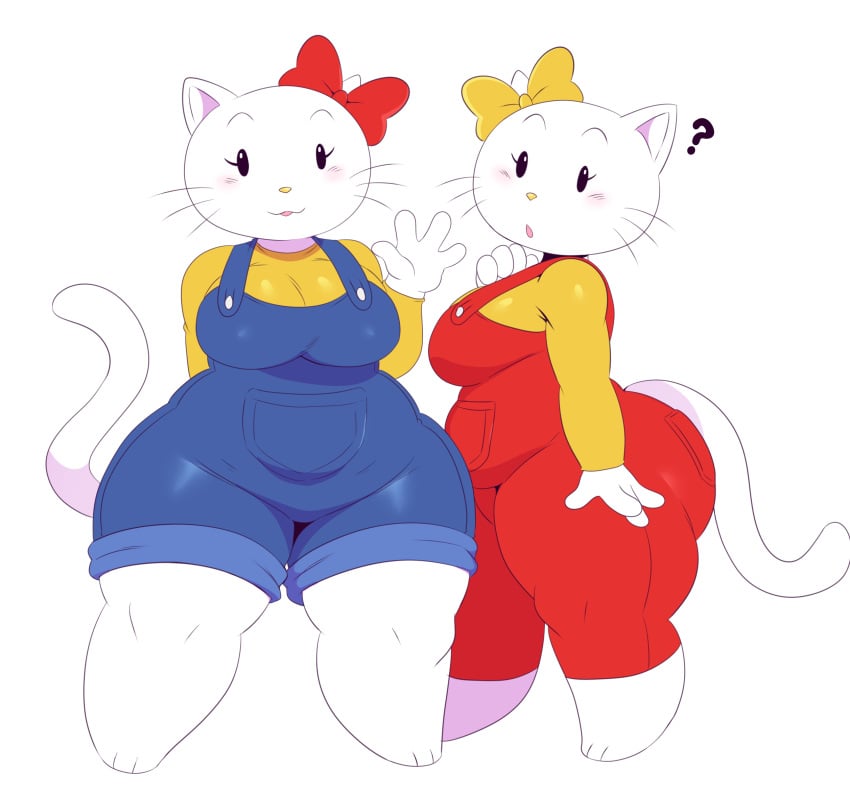 2girls aged_up bow chibi female hello_kitty hello_kitty_(series) kitty_white mimmy_white overalls sanrio sssonic2 thick_thighs waving_at_viewer