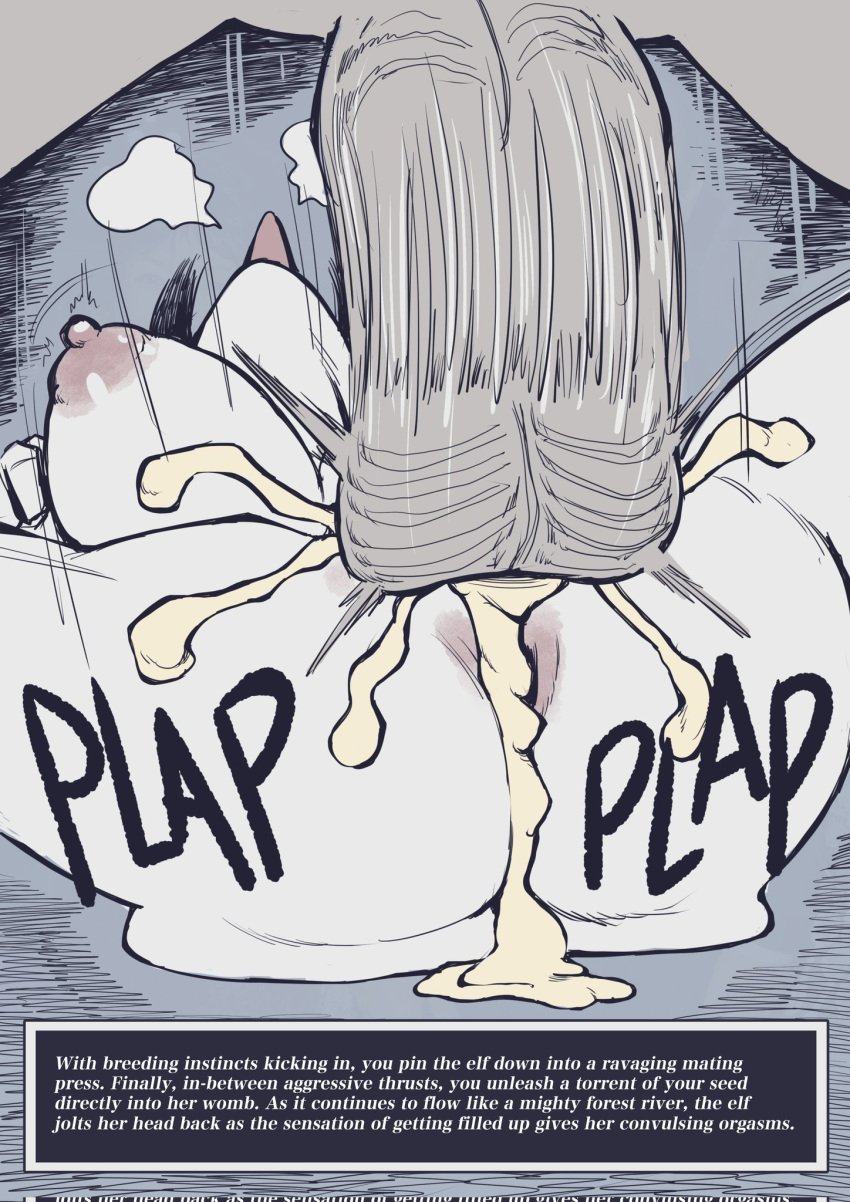 1boy 1girls big_breasts breasts breeding creampie cum cum_in_pussy cum_inside ear_piercing elf elf_girl english_text female freckles fucked_senseless fucked_silly gekikara_(tomboy-sama) greyscale grimhild_(tomboy_sama) large_breasts leaking_cum male mating_press monochrome multicolored_hair nail_polish nipple_erection original page_13 penis pussy tomboy_sama vaginal_penetration
