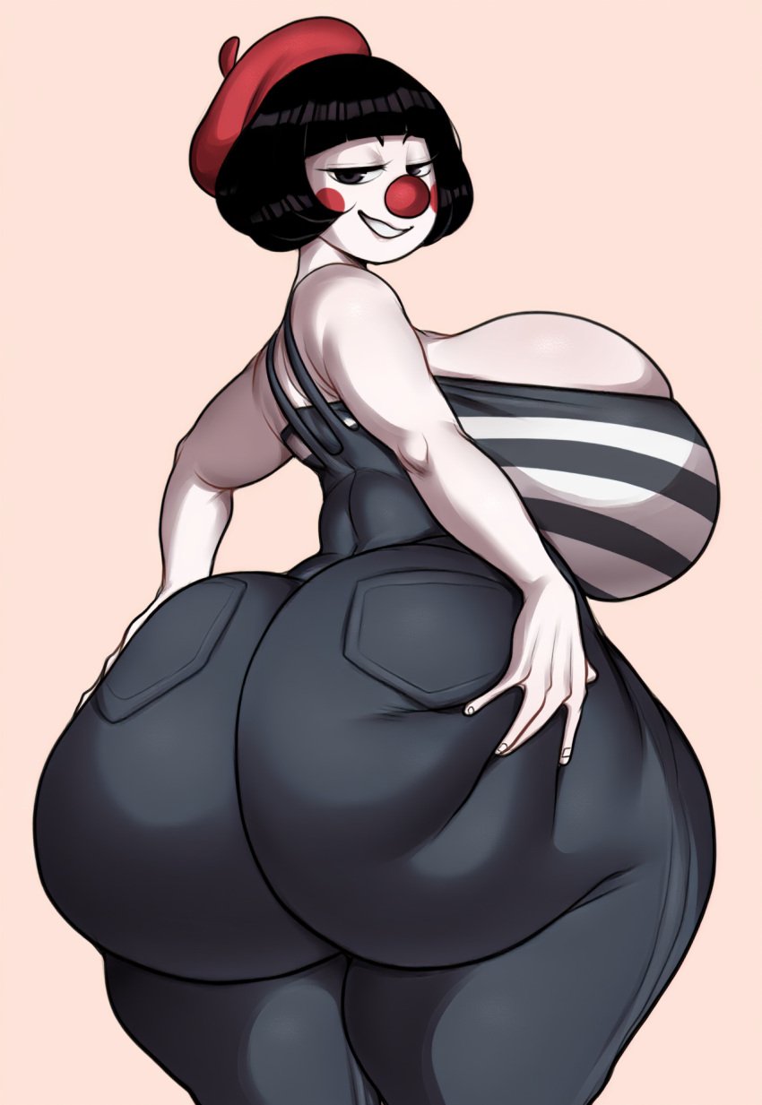 ai_generated ass ass_focus beret black_hair breasts breasts cleavage detnox_(style) grin hips huge_ass huge_breasts lubbasdump massive_ass massive_breasts mime mime_girl overalls short_hair smirk smug striped_clothing white_skin wide_hips