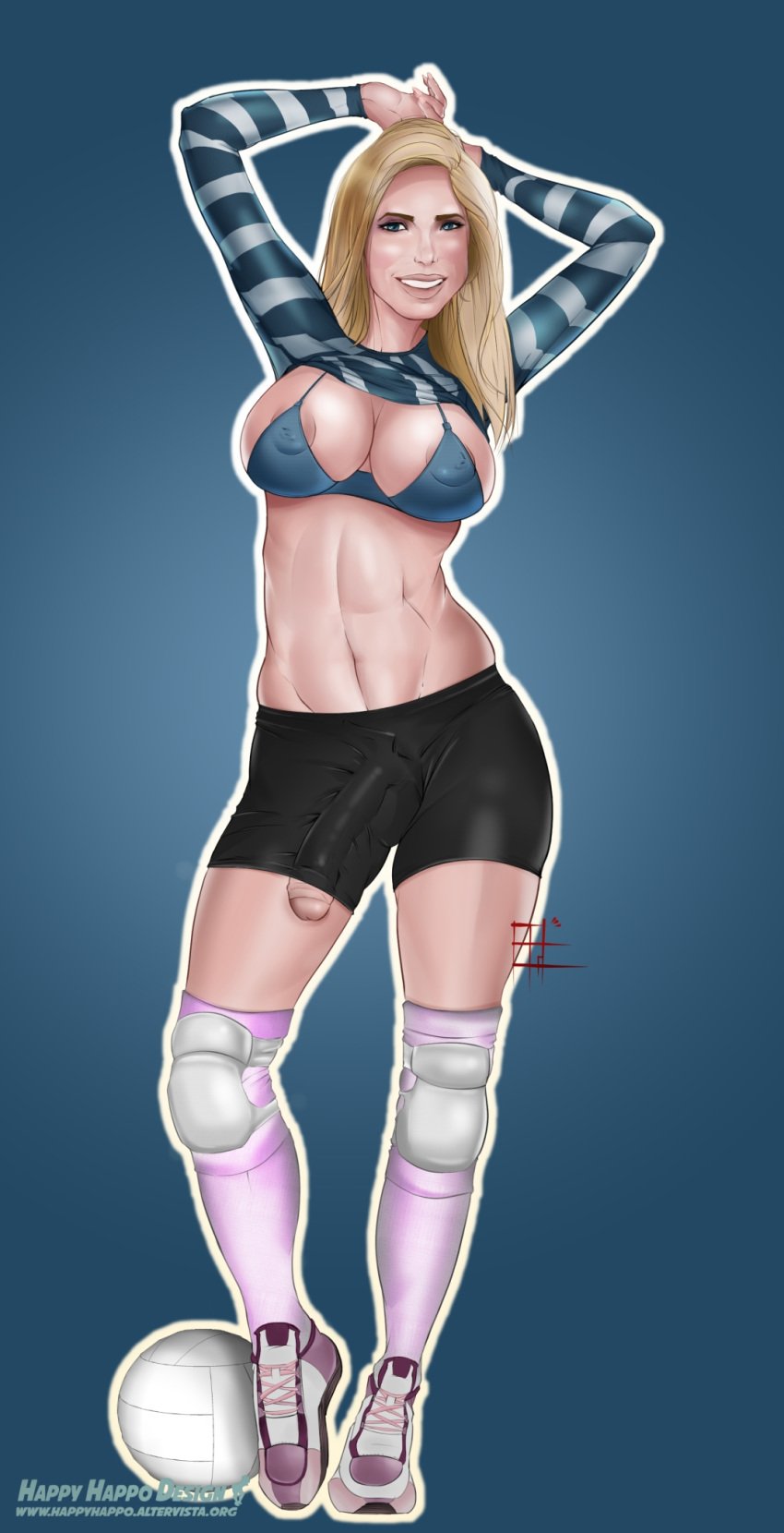 1futa ball big_breasts big_penis bikini bikini_bra blonde_hair bra breasts futa_only futanari hair happodesign intersex knee_guards knee_pads light_skin penis pinup shirt shorts smile solo stockings tights trainers volleyball