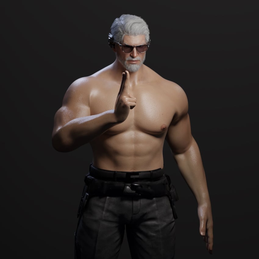 3d 3d_model basic_background beard black_pants brantowgray chest glasses glasses_on_face grey_background male male_only moustache muscles old_male pants plain_background shirtless solo_male tekken tekken_8 victor_chevalier white_hair