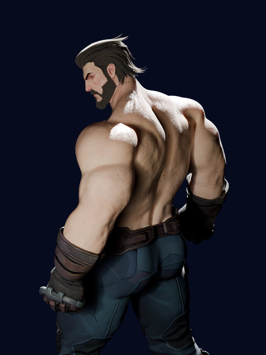 3d 3d_model ass back_view beard belt blue_background blue_pants brantowgray captain_america captain_america_(marvel_rivals) gloves looking_at_viewer looking_back_at_viewer male male_only marvel marvel_comics marvel_rivals moustache muscles pants plain_background shirtless solo_male