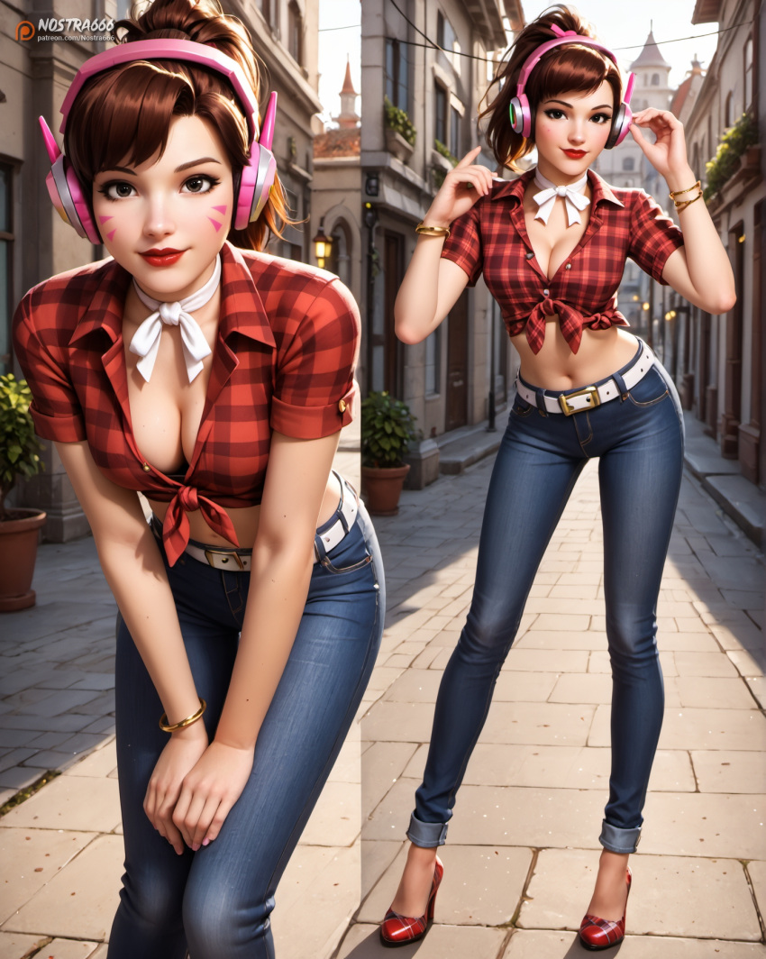 ai ai_generated black_eyes bracelet brown_hair cleavage createdwithai cruiser_d.va d.va digital_2d fan_art female front-tied girl jeans midriff nostra666 pants patreon ponytail red_lips red_plaid_shirt red_shoes short_sleeves slim stable_diffusion