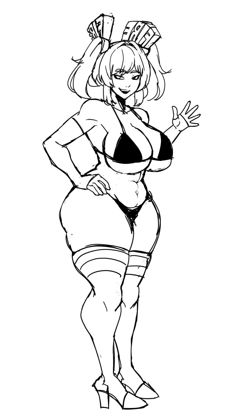 black_and_white bra burnice_white detached_sleeves female high_heels huge_breasts monochrome mr_foxy15 mrf0xy thick_thighs thighhighs underwear wip zenless_zone_zero