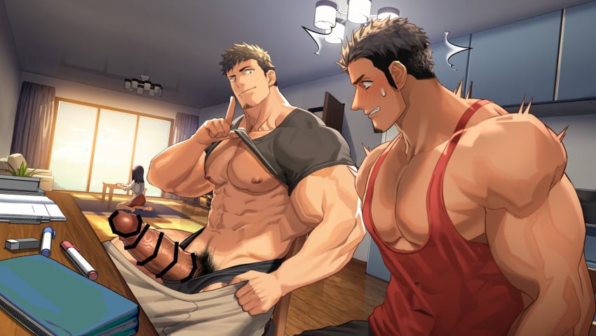 1girls 2boys abs bara beard_stubble beefy biceps big_areola big_breasts big_glans big_penis blue_eyes blush brown_hair cabinet ceiling ceiling_light censor_bar censored censored_penis clenched_teeth clothed clothes_lift collarbone curtains daddy dark_penis dilf duo duo_focus eraser erection excessive_pubic_hair female foreskin foreskin_folds gay gesture hand_on_leg happy_trail hi_res huge_cock hunk indoors kitchen kitchen_counter living_room long_penis looking_at_another male male/male male_breasts manly mature_male muscles muscular muscular_arms muscular_male notebook nullqllun oppai original original_character pants_down pecs pen pencil_case penis penis_bigger_than_head pointless_censoring pubic_hair quiet_gesture risky secret shocked short_hair sideburns sitting six_pack smirk student sunlight sweat sweatdrop tanktop teacher teacher_and_student thick_neck thick_penis tough_guy tremble_spikes trembling triceps tutor uncircumcised underwear_down veiny veiny_arms veiny_penis wide_eyed window wooden_floor wooden_table yaoi