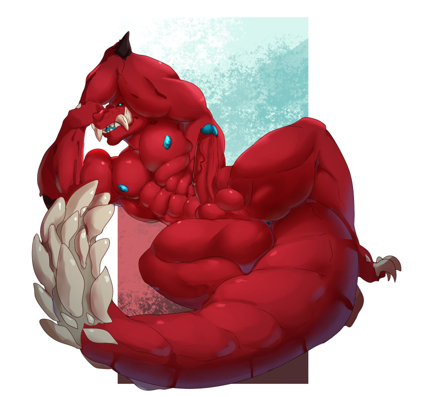 abs anthro anus arm_support balls biceps big_muscles big_penis blue_eyes blue_nipples blue_skin capcom claws demondragoncyan erection fanged_wyvern fangs flexing invalid_tag leaning_on_elbow looking_at_viewer lying mace_tail male male_only monster_hunter muscular muscular_male nipples nude odogaron pecs penis pose presenting red_skin simple_background solo spreading teeth thick_tail vein video_games