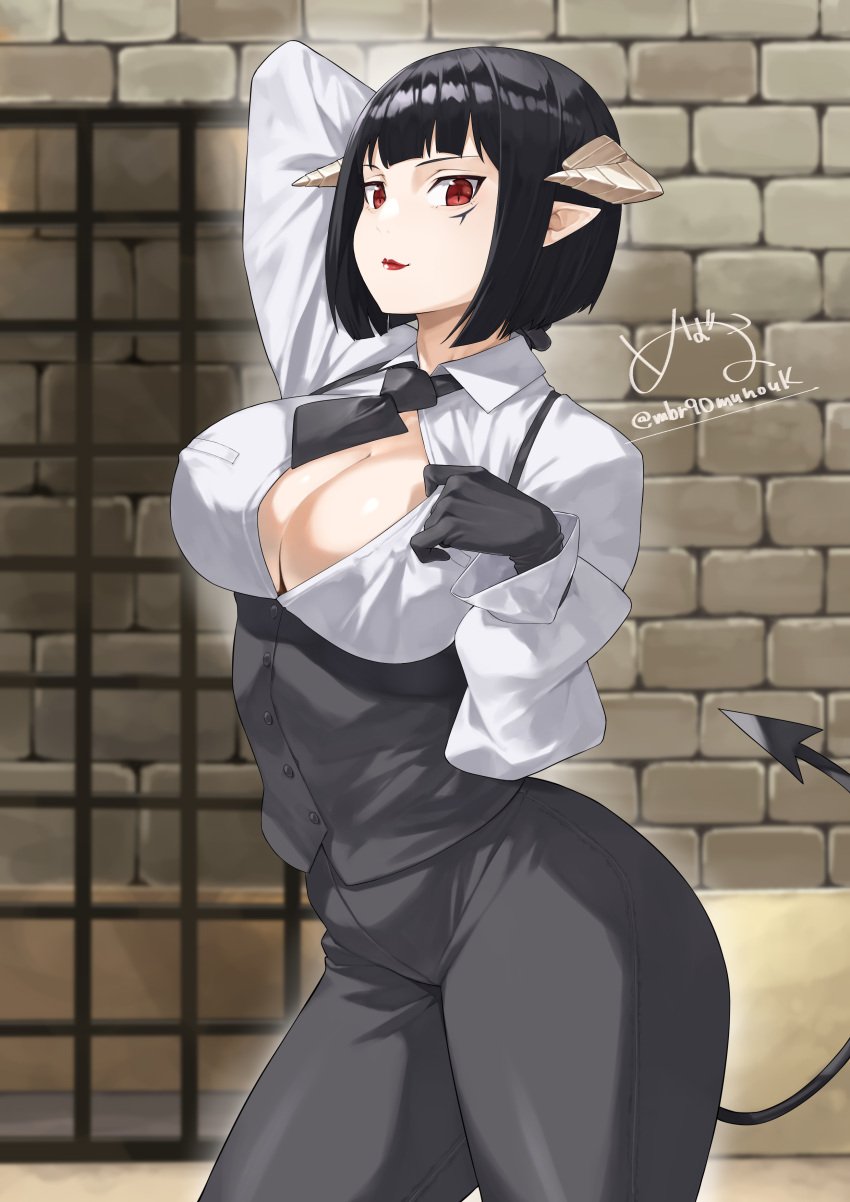 absurdres arm_behind_head arm_up black_gloves black_hair black_necktie black_pants blunt_bangs breasts brick_wall cleavage closed_mouth collared_shirt commentary_request cowboy_shot demon_girl demon_horns demon_tail female gloves highres hime-sama_"goumon"_no_jikan_desu horns large_breasts long_sleeves looking_at_viewer mbr90munouk necktie pants pointy_ears red_eyes red_lips shirt short_hair solo standing stone_wall tail thick_thighs thighs tortura_torture torture_tortura vest wall white_shirt