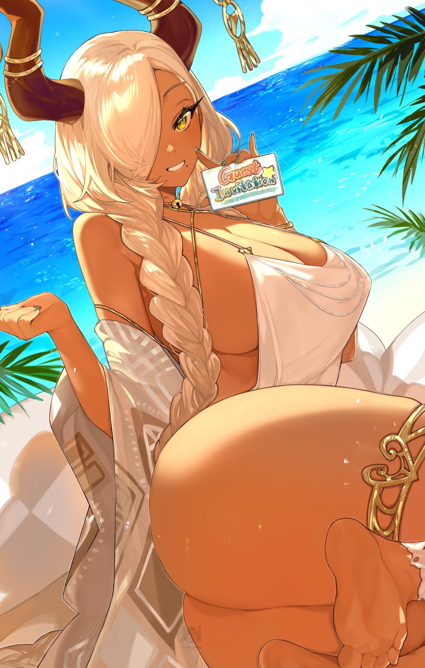 1girls absurdres ass azur_lane beach blonde_hair braid breasts brown_horns cleavage day dutch_angle feet female hair_over_one_eye highres holding horn_ornament horns huge_breasts large_horns long_hair looking_at_viewer low_twin_braids mole mole_under_mouth ocean official_alternate_costume one-piece_swimsuit outdoors owari_(azur_lane) owari_(shimmering_forsythia)_(azur_lane) sakura_empire_(azur_lane) sand smile solo summer swimsuit tan-skinned_female tan_skin twin_braids very_long_hair water white_one-piece_swimsuit yellow_eyes yun-yang_(dat_yunyang)