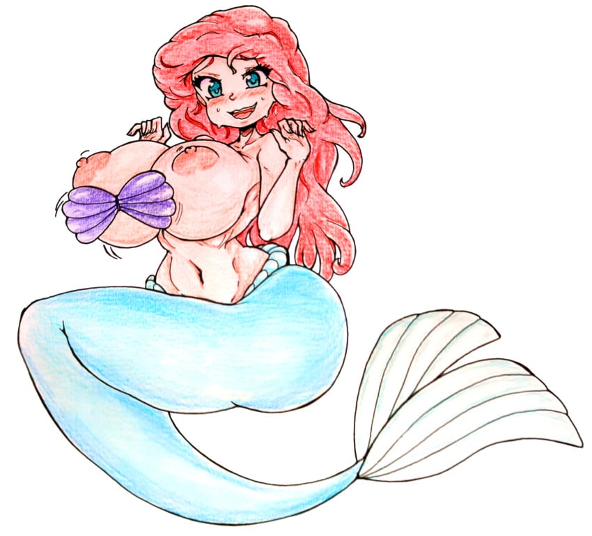 1girl 1girls ariel ariel_(the_little_mermaid) blue_eyes blush bra_too_small breasts disney disney_princess female female_only gaixas1 mermaid nervous_smile nipples red_hair redhead small_bra smile solo solo_female the_little_mermaid the_little_mermaid_(1989_film)