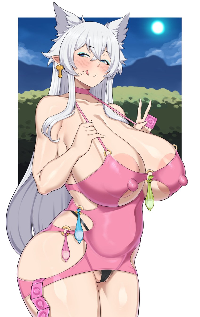 1girls animal_ears blue_condom blush condom_belt condoms female female_only fenrys filled_condoms fox_ears fox_girl green_condom huge_breasts intruder_(1391685345) licking_lips light-skinned_female light_skin long_hair lv2_kara_cheat_datta_motoyuusha_kouho_no_mattari_isekai_life netorare nipples nipples_visible_through_clothing outside pink_condoms prostitution smile solo thick_thighs unopened_condom_wrapper used_condoms white_hair