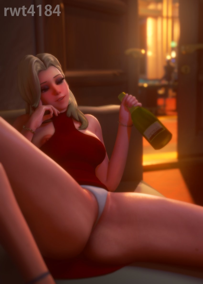 3d alcohol blonde_hair blush bottle dress dress_lift drunk female mercy nipple_slip no_bra overwatch panties rwt4184